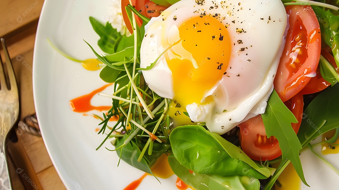 Uma salada lyonnaise picante com ovo escalfado