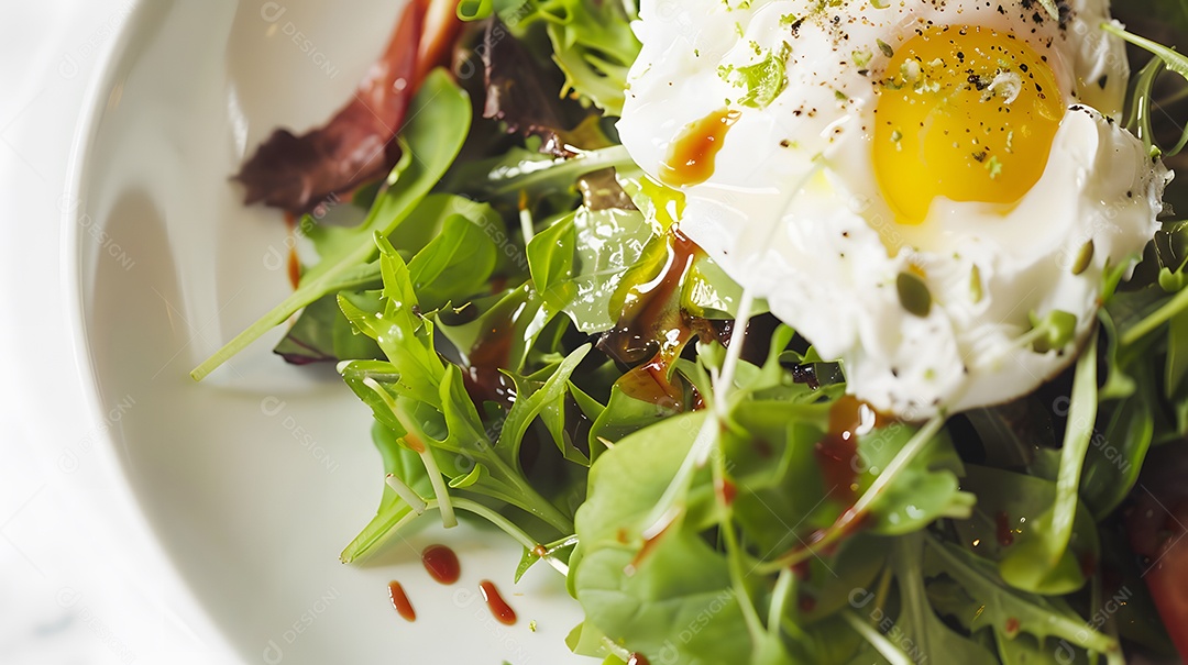 Uma salada lyonnaise picante com ovo escalfado