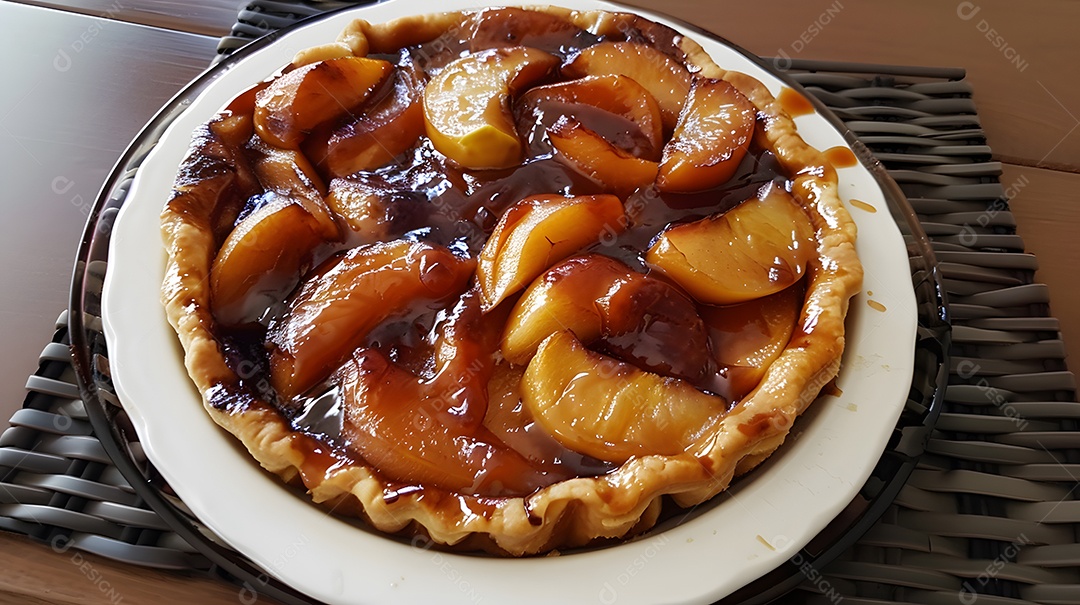 Uma tarte tatin quente com maçãs caramelizadas