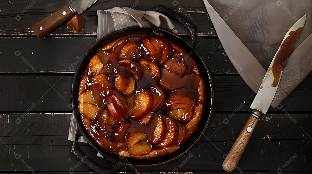 Uma tarte tatin quente com maçãs caramelizadas