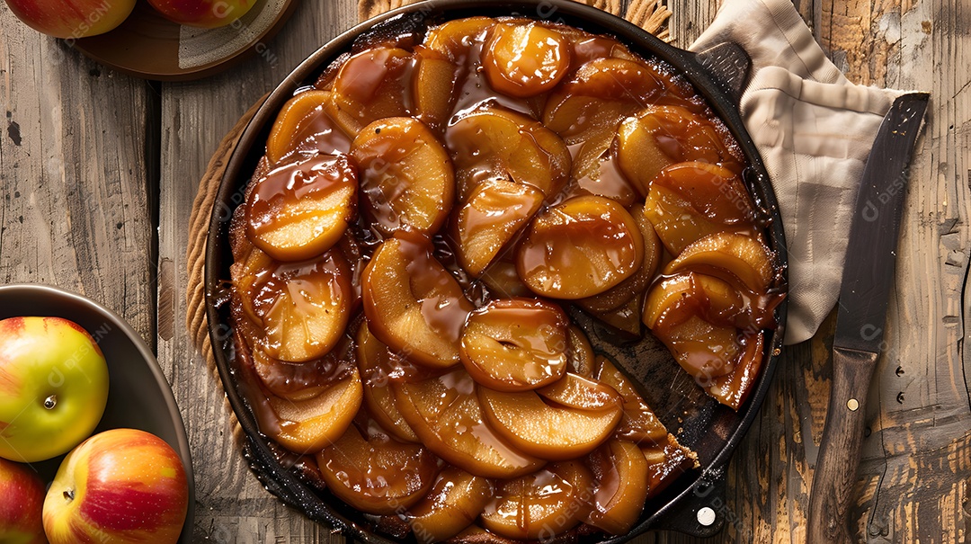 Uma tarte Tatin quente com maçãs caramelizadas