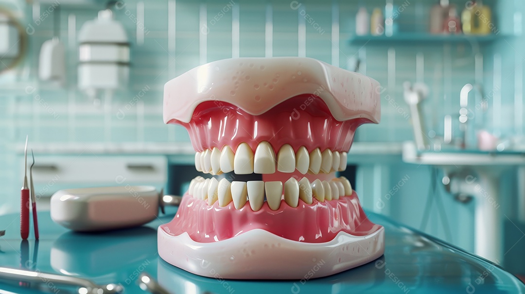 Dentaduras estilizadas de um consultório odontológico na bancada