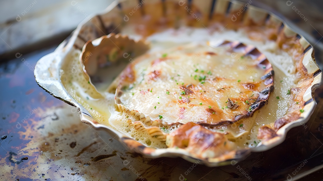Uma coquille St Jacques amanteigada e escamosa