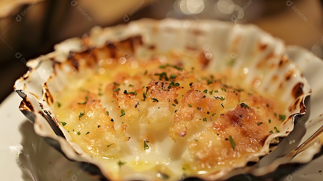 Uma coquille St Jacques amanteigada e escamosa