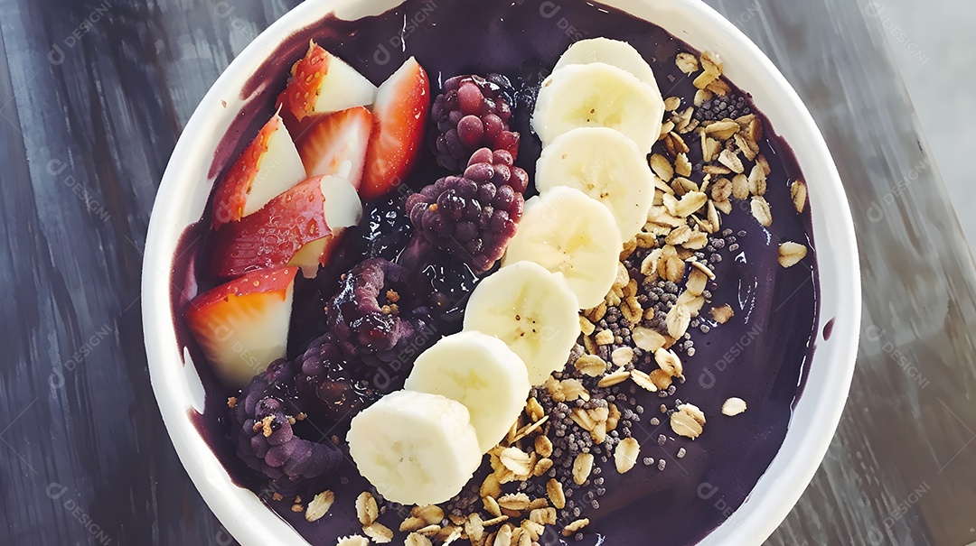 Açaí congelado coberto com granola e frutas
