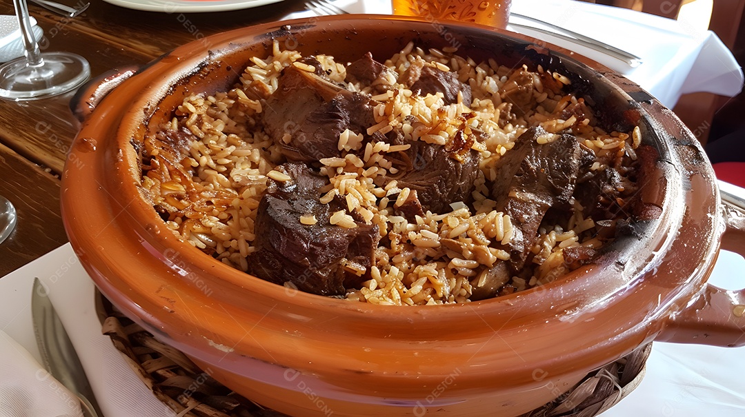 Arroz de carreteiro prato de carne e arroz cozido em panela de barro