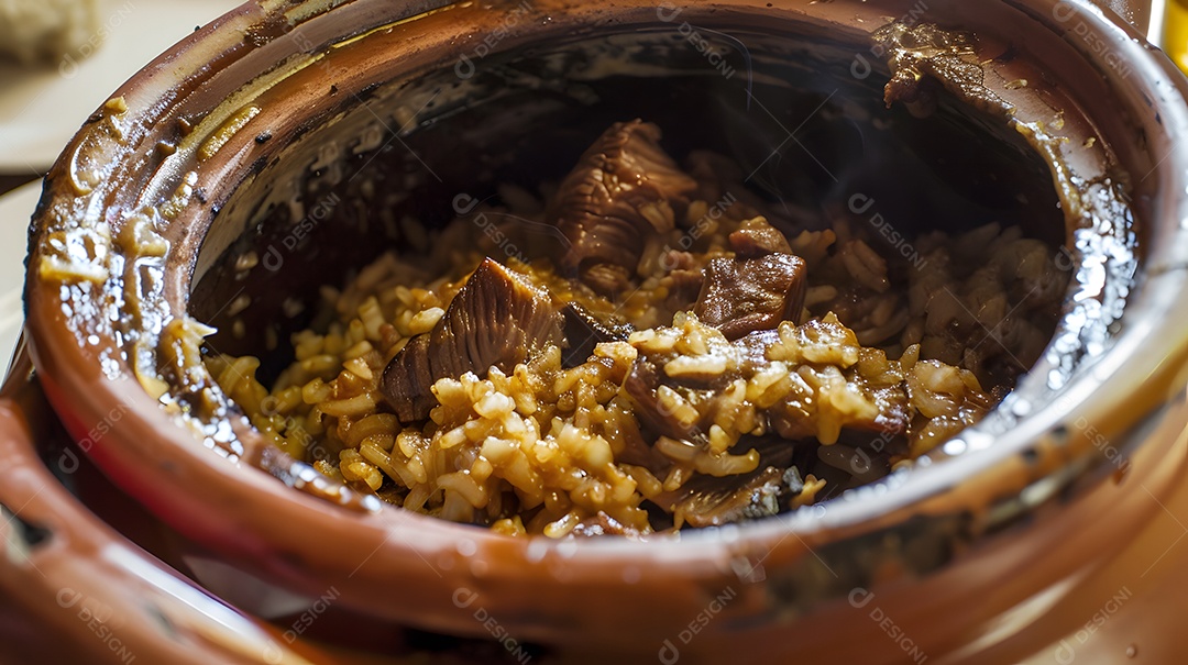 Arroz de carreteiro prato de carne e arroz cozido em panela de barro