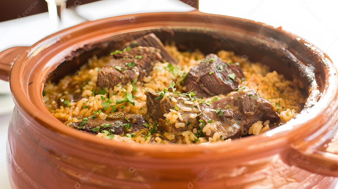 Arroz de carreteiro prato de carne e arroz cozido em panela de barro