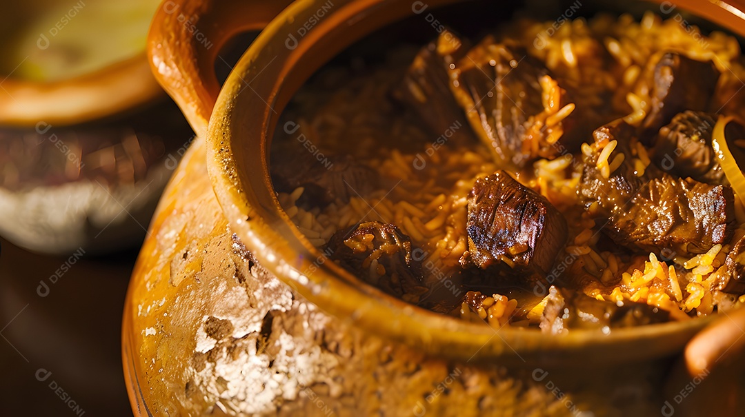 Arroz de carreteiro prato de carne e arroz cozido em panela de barro