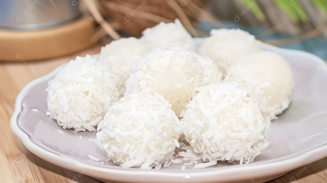 Beijinho trufas de coco enroladas em flocos de coco