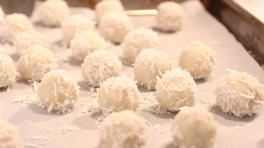 Beijinho trufas de coco enroladas em flocos de coco