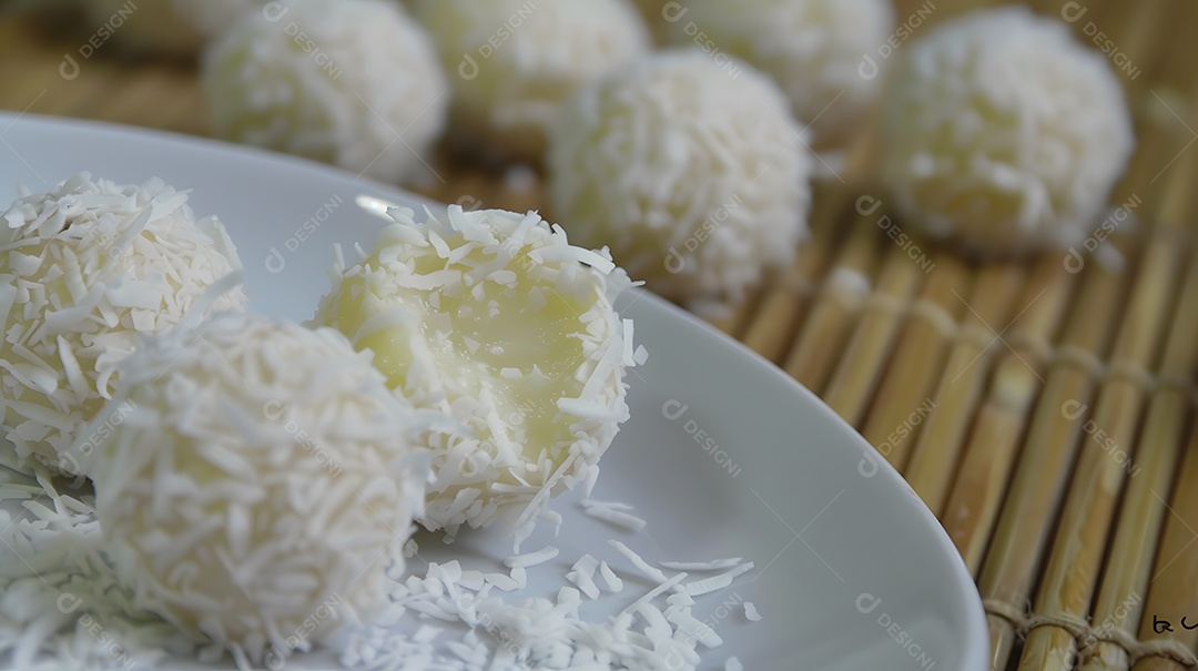 Beijinho trufas de coco enroladas em flocos de coco