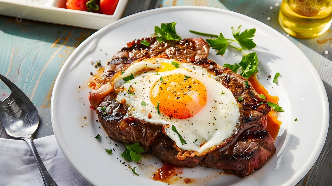 Bife a cavalo com salada