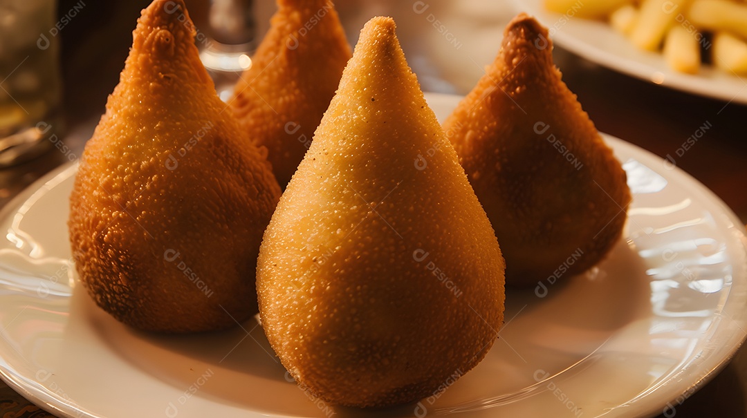 Coxinha massa crocante e frita recheada com frango