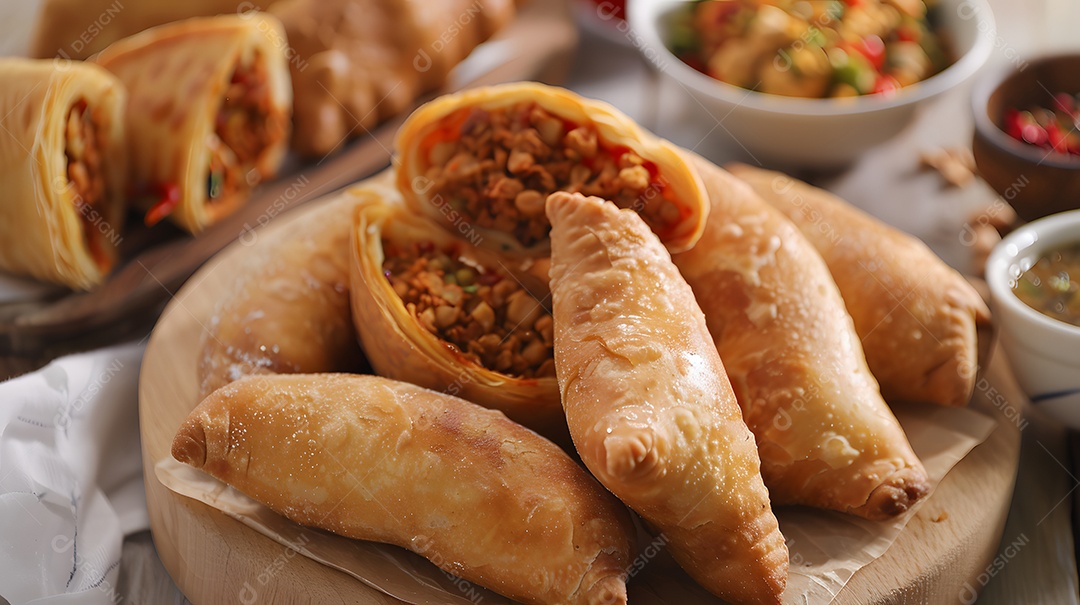 Pastéis fritos recheados com vários recheios salgados