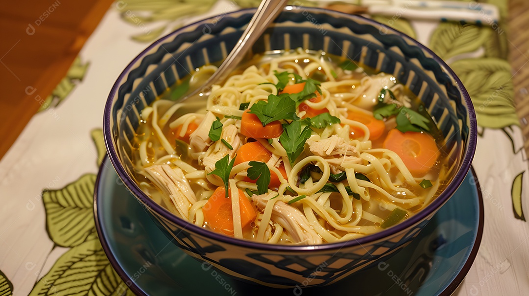 Sopa de macarrão de frango com toque brasileiro