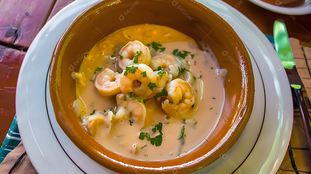 Um ensopado cremoso de camarão e nozes vatapá