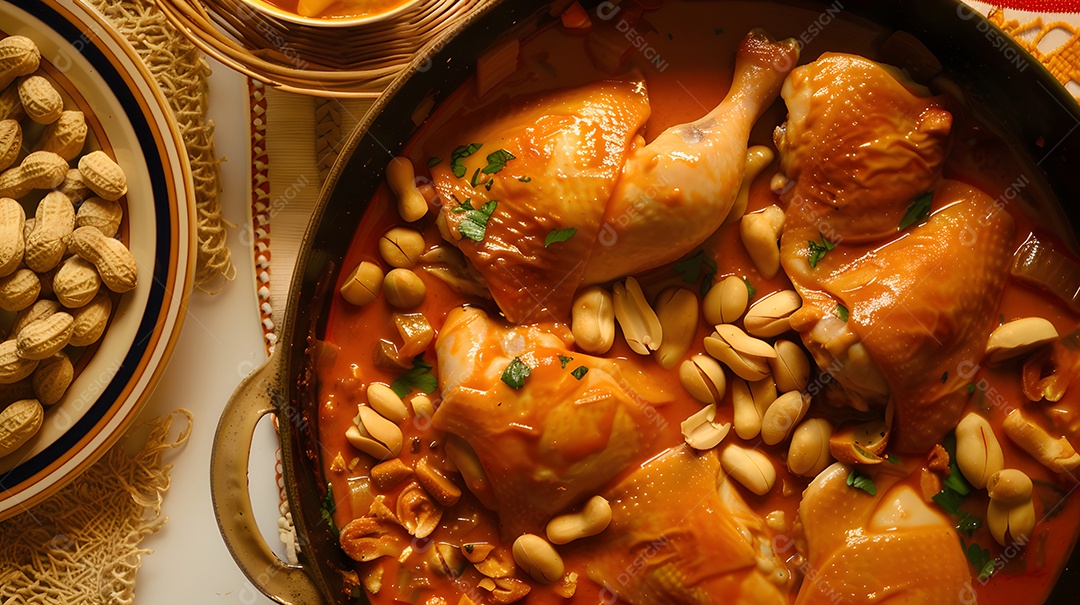 Xinxim de galinha ensopado de frango feito com amendoim e óleo de palma