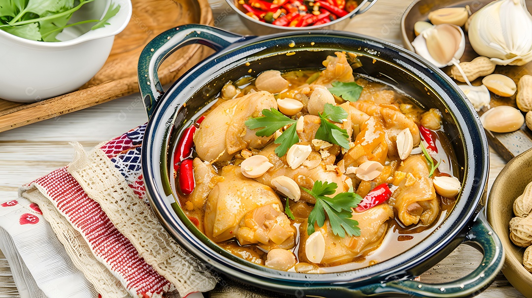 Xinxim de galinha ensopado de frango feito com amendoim e óleo de palma