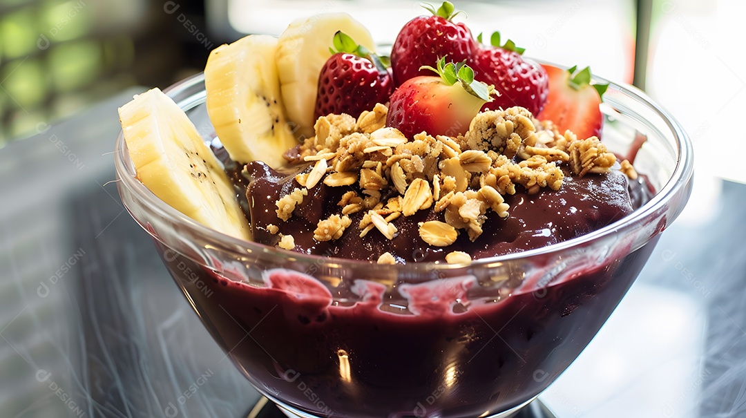 Açaí congelado coberto com granola e frutas