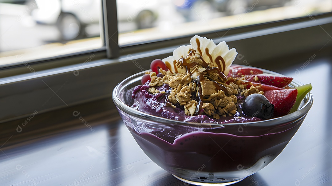 Açaí congelado coberto com granola e frutas