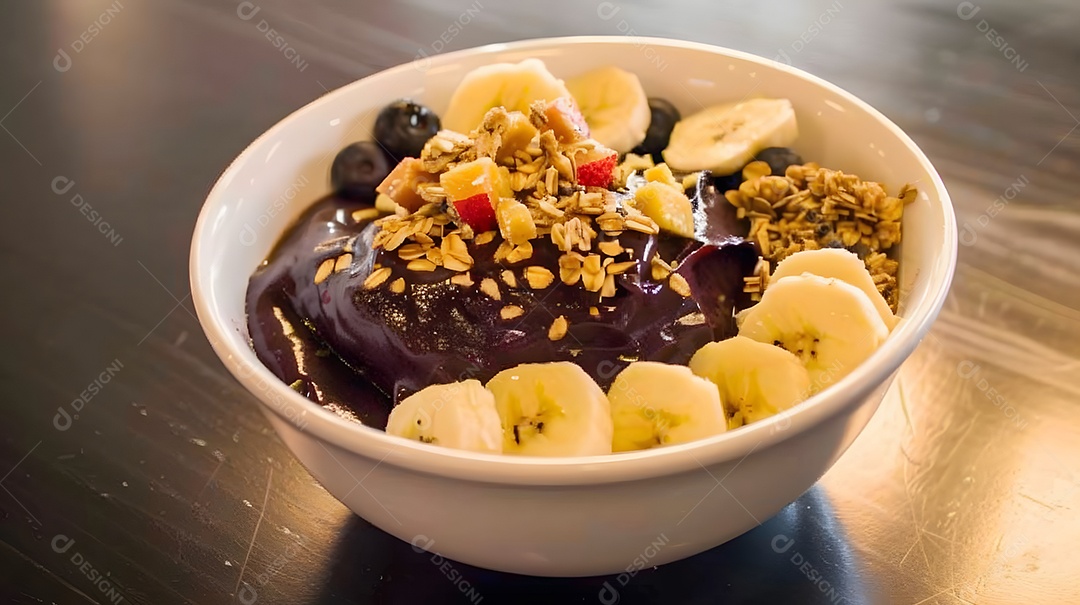 Açaí congelado coberto com granola e frutas