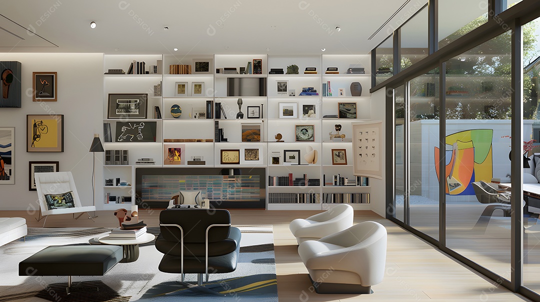 Sala de estar inspirada em galeria de arte parede de prateleiras para exibir obras de arte