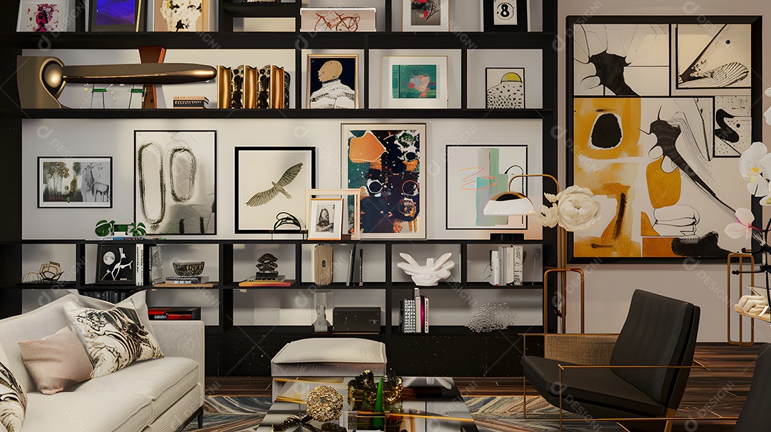 Sala de estar inspirada em galeria de arte parede de prateleiras para exibir obras de arte