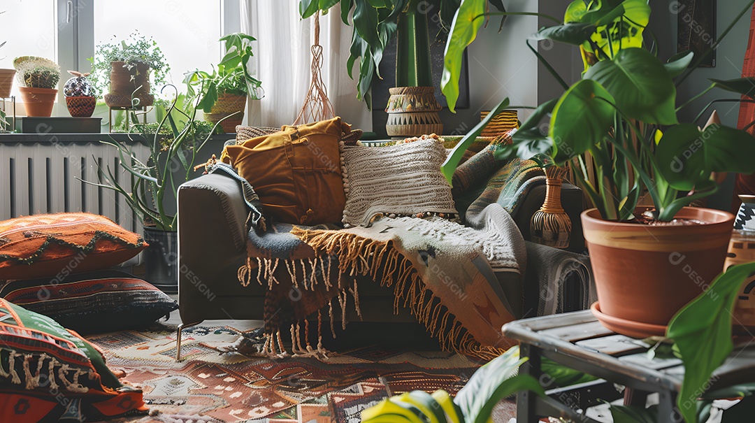 Sala de estar de inspiração boêmia com tecidos e plantas em camadas