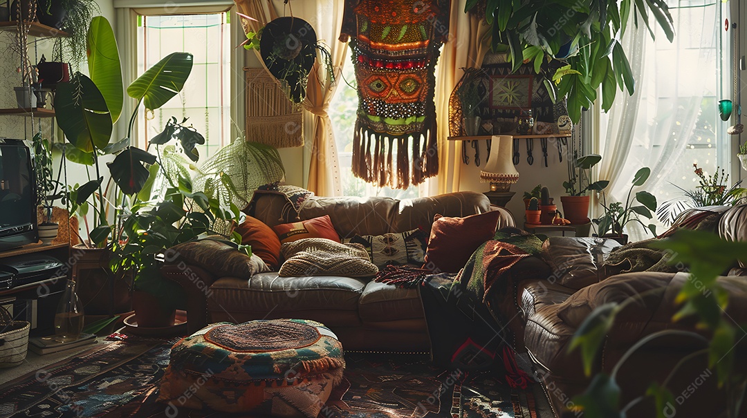 Sala de estar de inspiração boêmia com tecidos e plantas em camadas