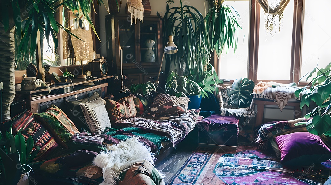 Sala de estar de inspiração boêmia com tecidos e plantas em camadas