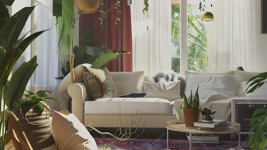 Sala de estar de inspiração boêmia com tecidos e plantas em camadas