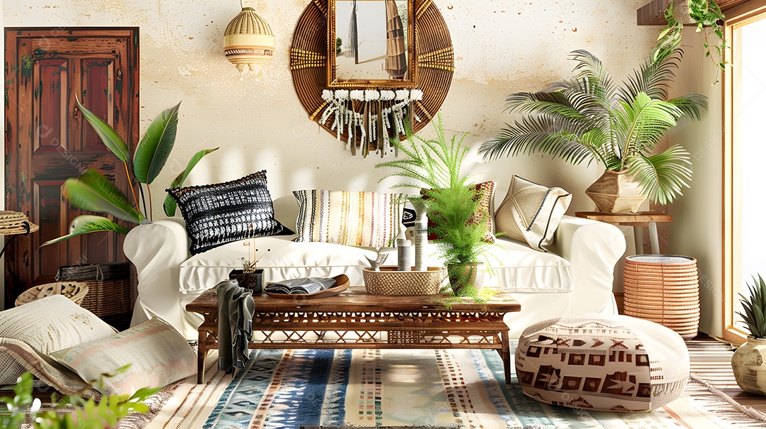 Sala de estar de inspiração boêmia com tecidos e plantas em camadas