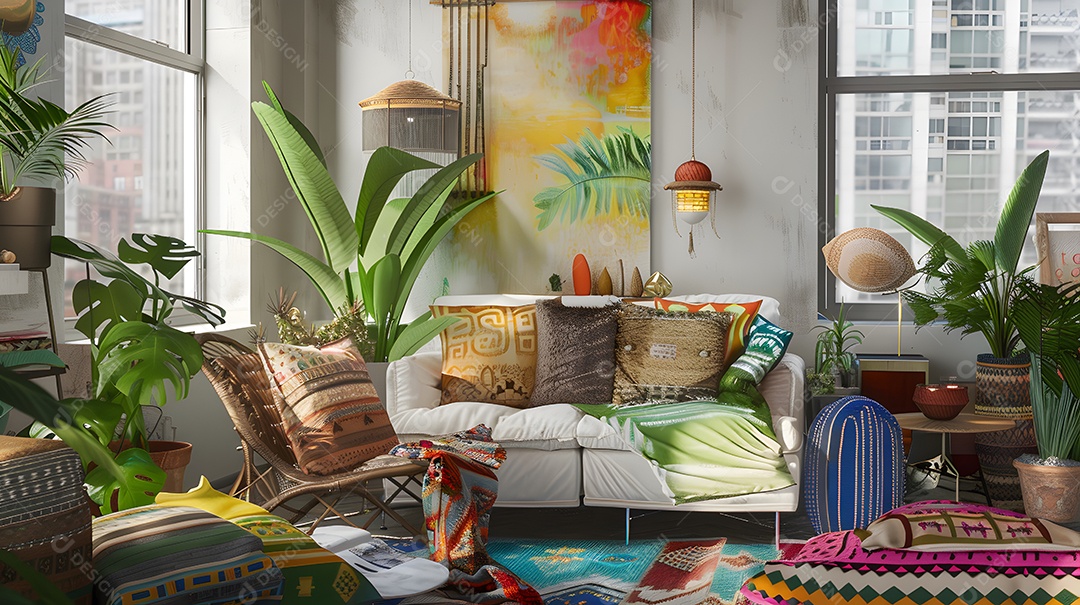 Sala de estar de inspiração boêmia com tecidos e plantas em camadas