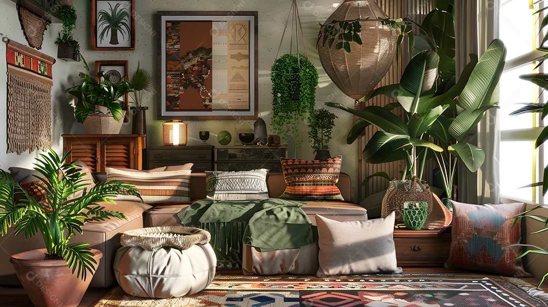 Sala de estar de inspiração boêmia com tecidos e plantas em camadas