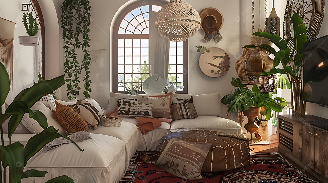 Sala de estar de inspiração boêmia com tecidos e plantas em camadas