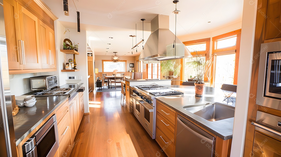 Cozinha iluminada e arejada com detalhes em madeira natural