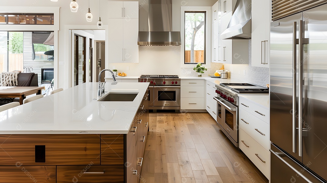 Cozinha iluminada e arejada com detalhes em madeira natural