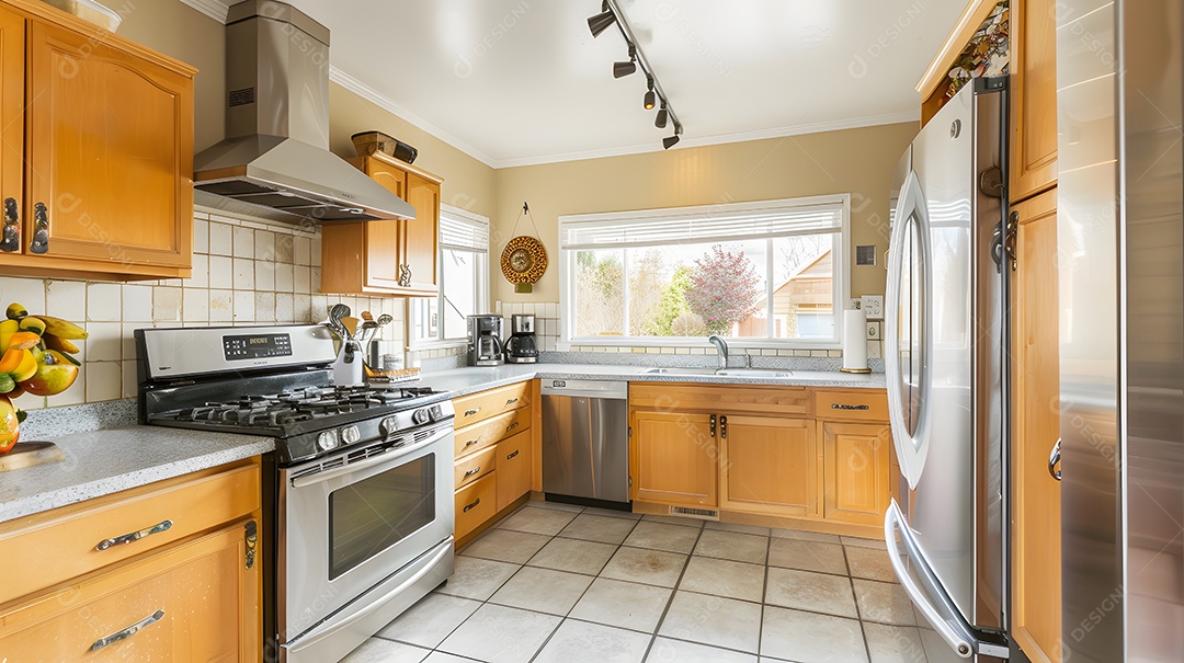 Cozinha iluminada e arejada com detalhes em madeira natural