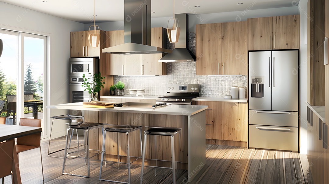 Cozinha iluminada e arejada com detalhes em madeira natural