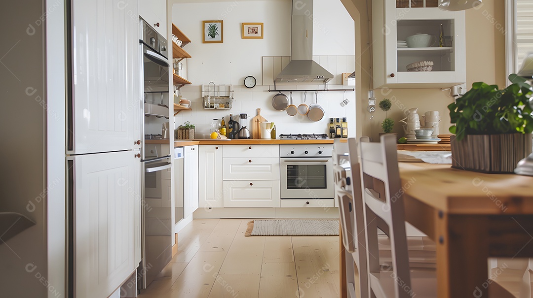 Cozinha iluminada e arejada com detalhes em madeira natural