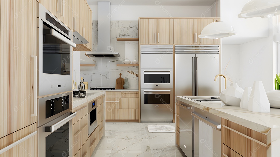 Cozinha iluminada e arejada com detalhes em madeira natural