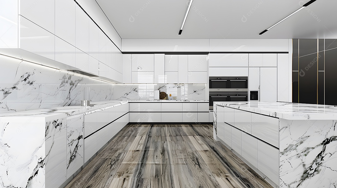 Cozinha contemporânea com armários brancos elegantes e bancadas de mármore