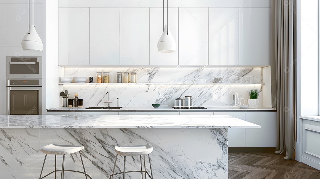 Cozinha contemporânea com armários brancos elegantes e bancadas de mármore