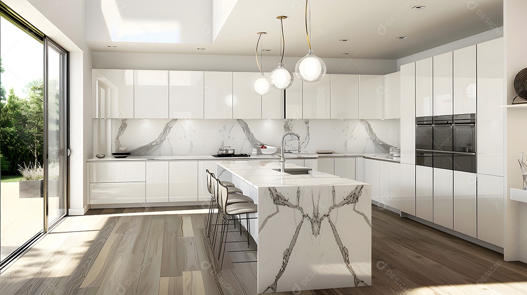 Cozinha contemporânea com armários brancos elegantes e bancadas de mármore