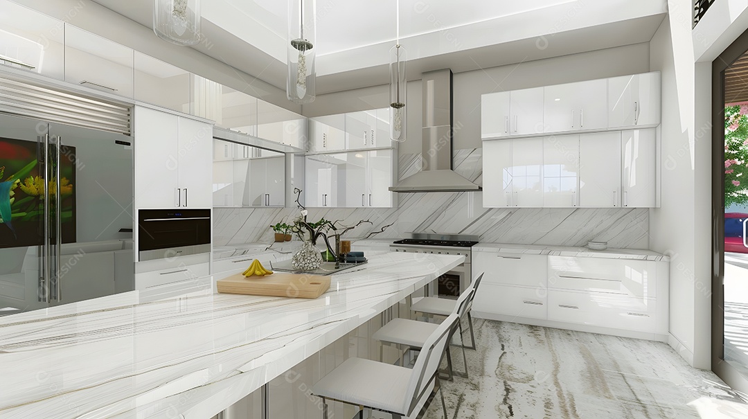 Cozinha contemporânea com armários brancos elegantes e bancadas de mármore