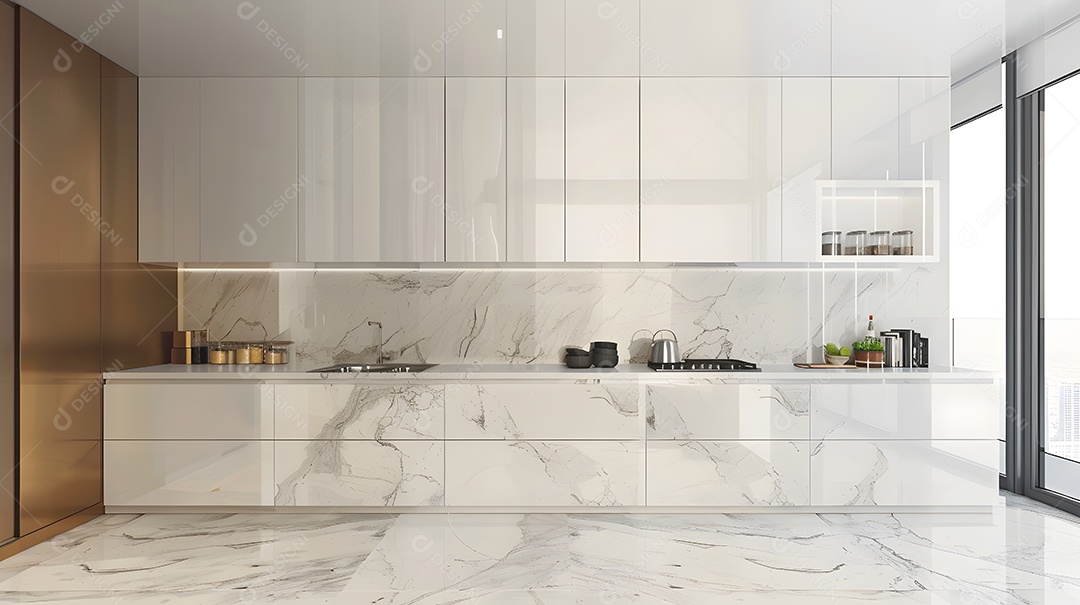 Cozinha contemporânea com armários brancos elegantes e bancadas de mármore