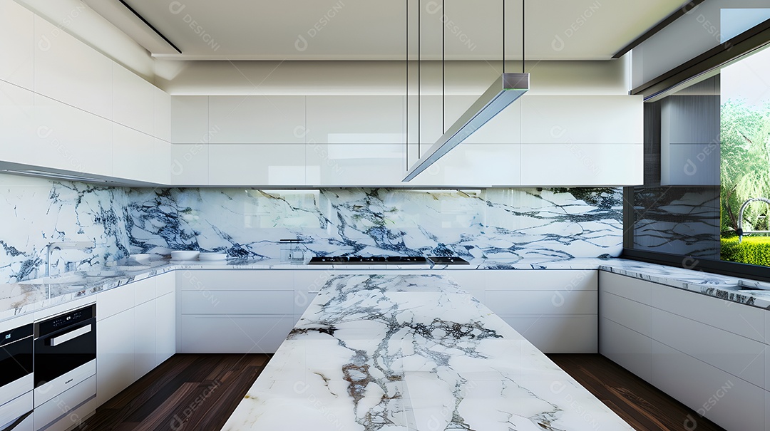 Cozinha contemporânea com armários brancos elegantes e bancadas de mármore