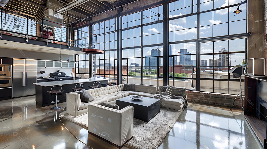 Loft urbano contemporâneo com janelas do chão ao teto e detalhes industriais