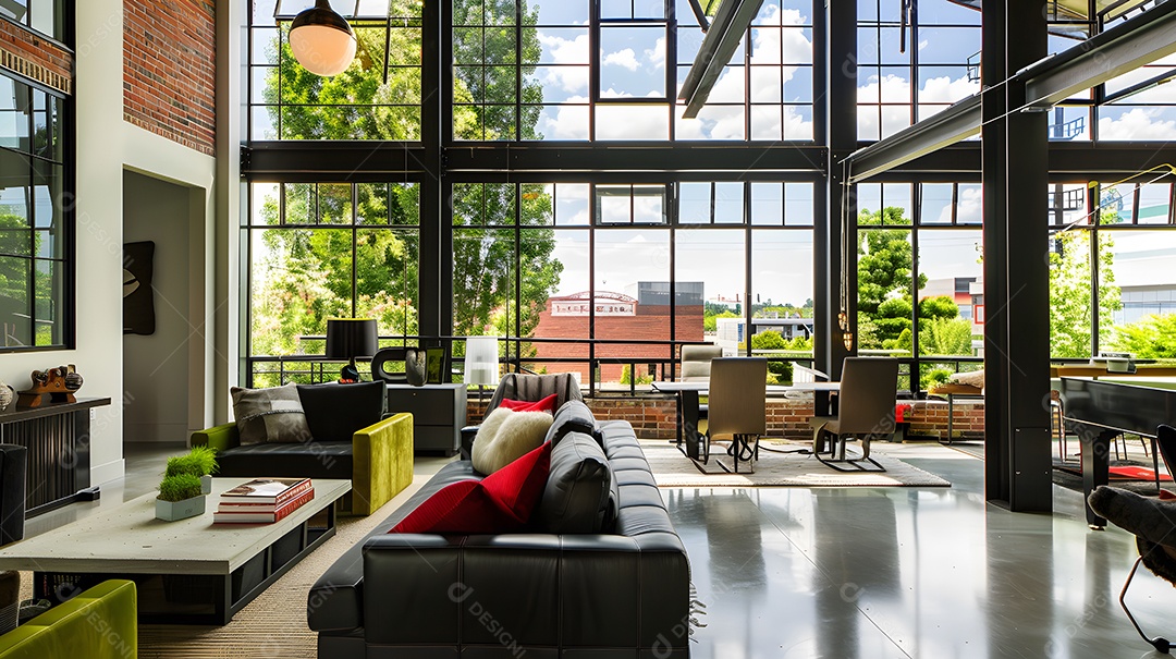 Loft urbano contemporâneo com janelas do chão ao teto e detalhes industriais